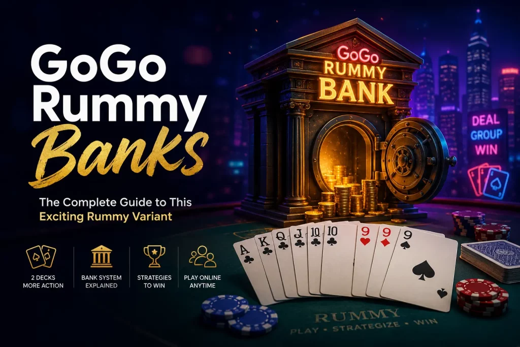 Wide landscape illustration showing a futuristic fintech concept where online banking and the Rummy card game merge. A glowing smartphone interface sits at the center with floating cards, coins, wallet symbols, and digital payment icons, set against a sleek blue-green neon background representing secure gaming and financial transactions.