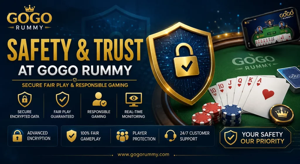 A wide promotional banner for Gogo Rummy highlighting “Safety & Trust” with a central gold shield and lock icon, set against a dark blue digital background. The design emphasizes secure encrypted data, fair play, responsible gaming, and real-time monitoring, with poker cards and chips on a casino table to represent gameplay. The layout includes branded elements, icons for security features, and a premium glossy tech-casino aesthetic.