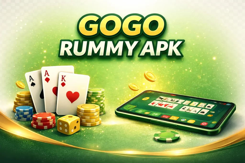 GOGO Rummy APK download banner showing mobile rummy gameplay on smartphone with cards, chips and casino elements on green background